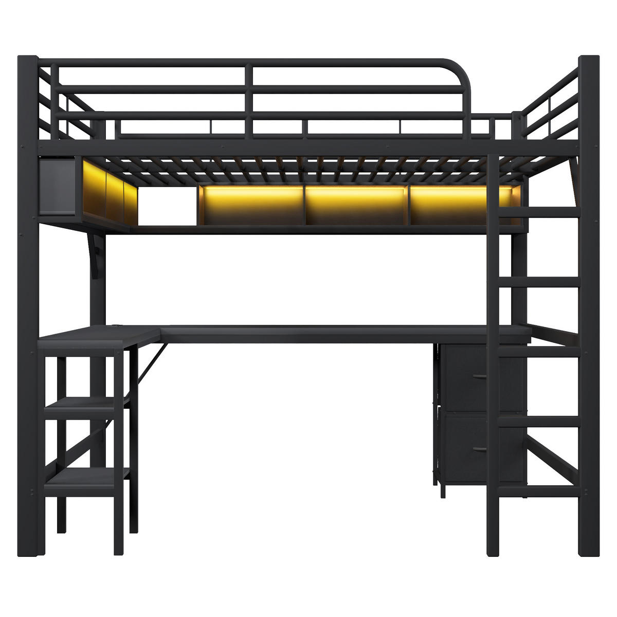 HOCHBETT 140x200cm, Metall, Bücherregal, Schreibtisch, Schrank, USB, LED, Schwarz - Schwarz, Holzwerkstoff (140/200cm)