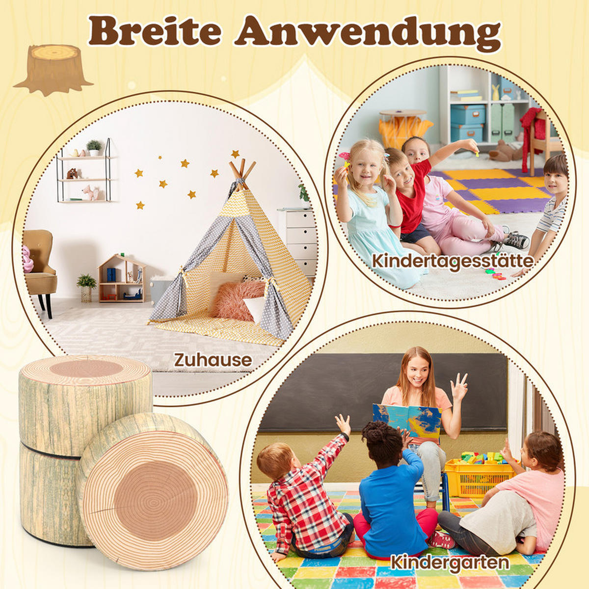 KINDERSITZGRUPPE aus Holz mit Muster grün(3-tlg) - Grün, Leder (38/25/38cm) - COSTWAY
