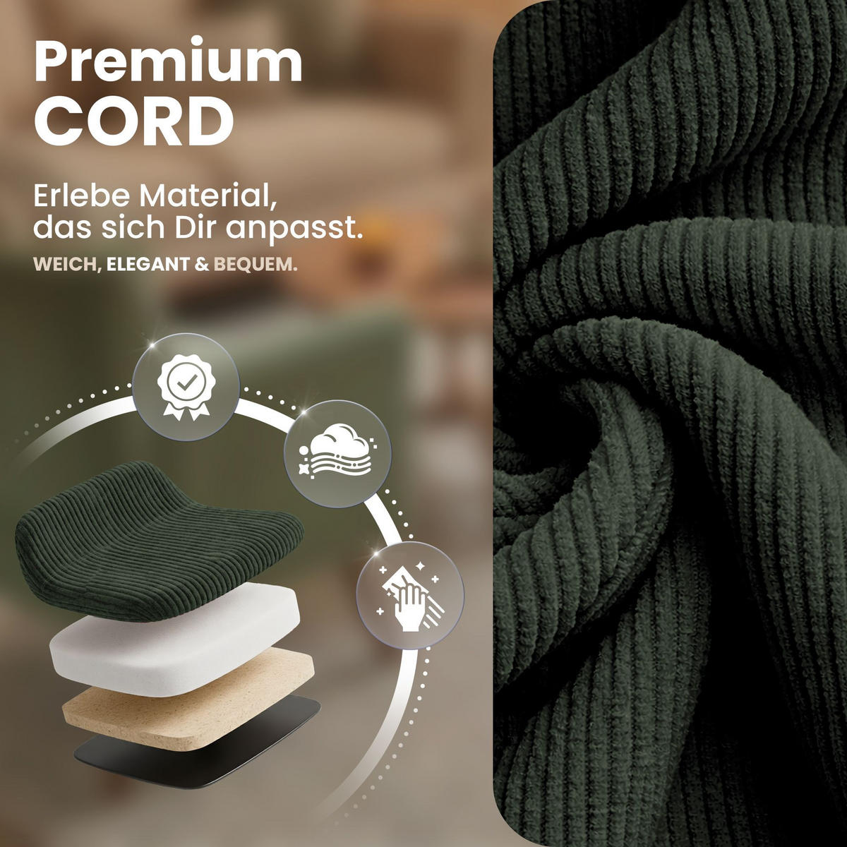 STUHL 2 Cord Grün - Schwarz/Grün, Textil/Metall (45/84/55cm) - CLP