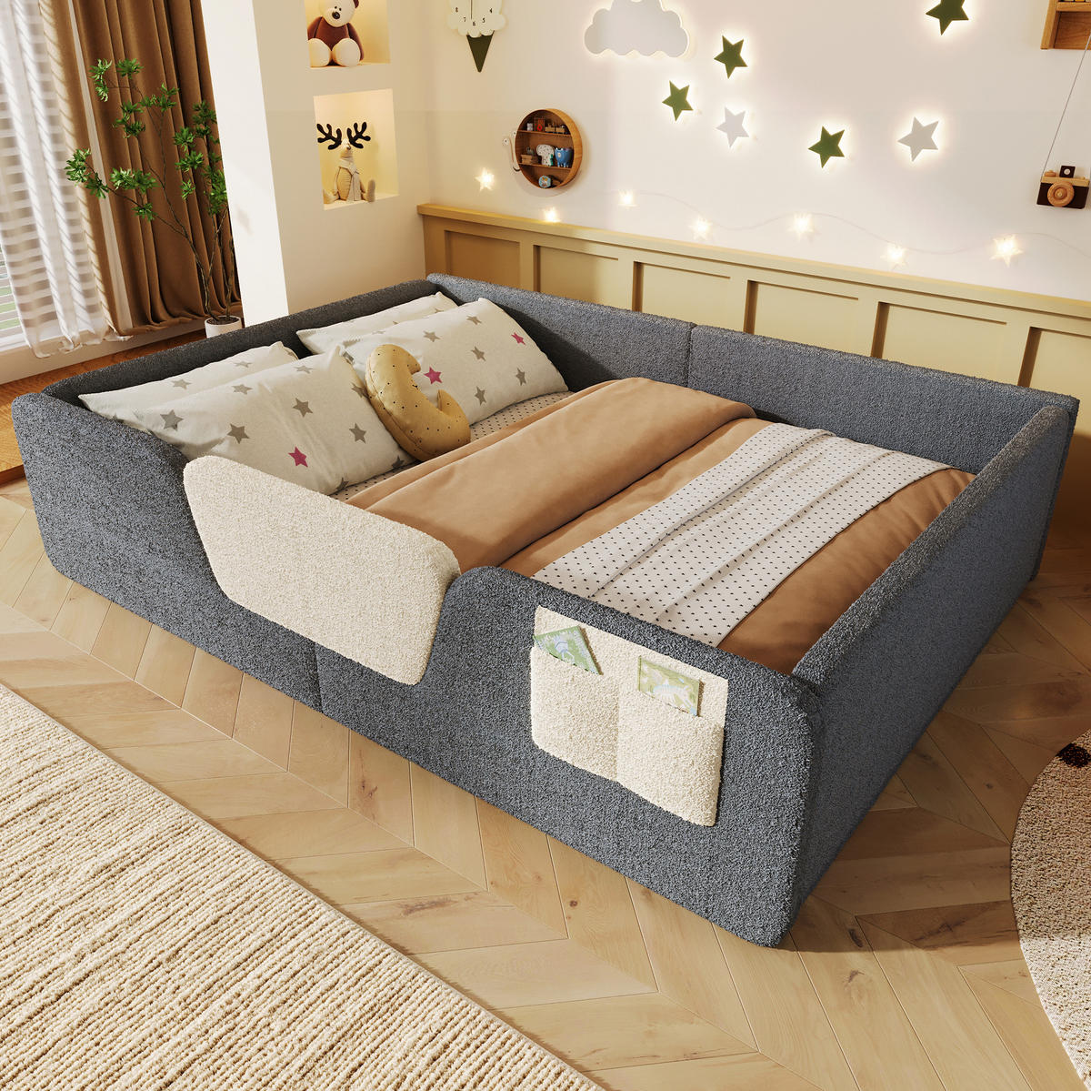 KINDERBETT aus Samt und MDF 140x190 cm Grau mit abnehmbaren Sicherheitsgittern und Stofftasche - Grau, Textil (140/190cm) - IVMEU