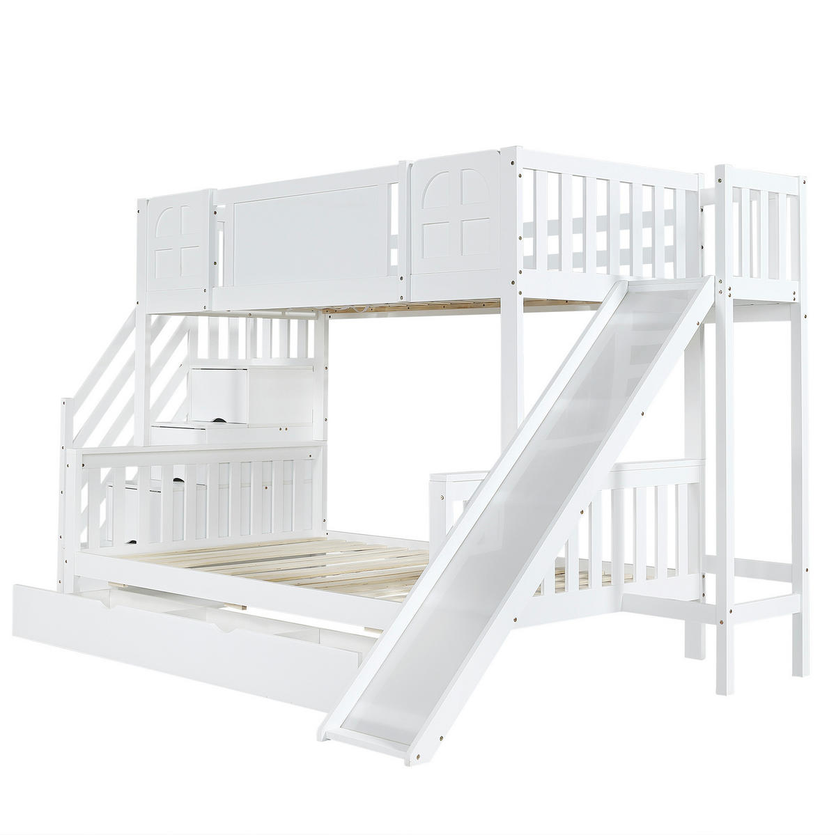 ETAGENBETT 90/200 & 120/200 cm in Weiß mit Rutsche, Stauraumtreppe und Fenstern - Weiß, Holzwerkstoff (90/200cm) - Flora Grace