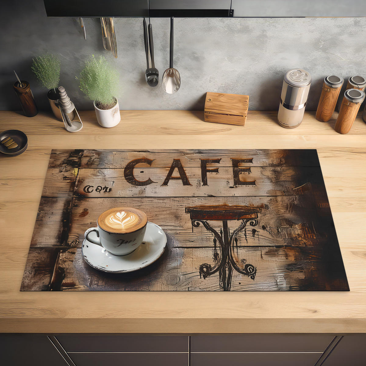 HERDABDECKPLATTE Cafe - Holz - Kaffee - Regale Induktionsmatte 83x51 cm - Schwarz, Kunststoff (83/51.5/0.2cm) - MuchoWow