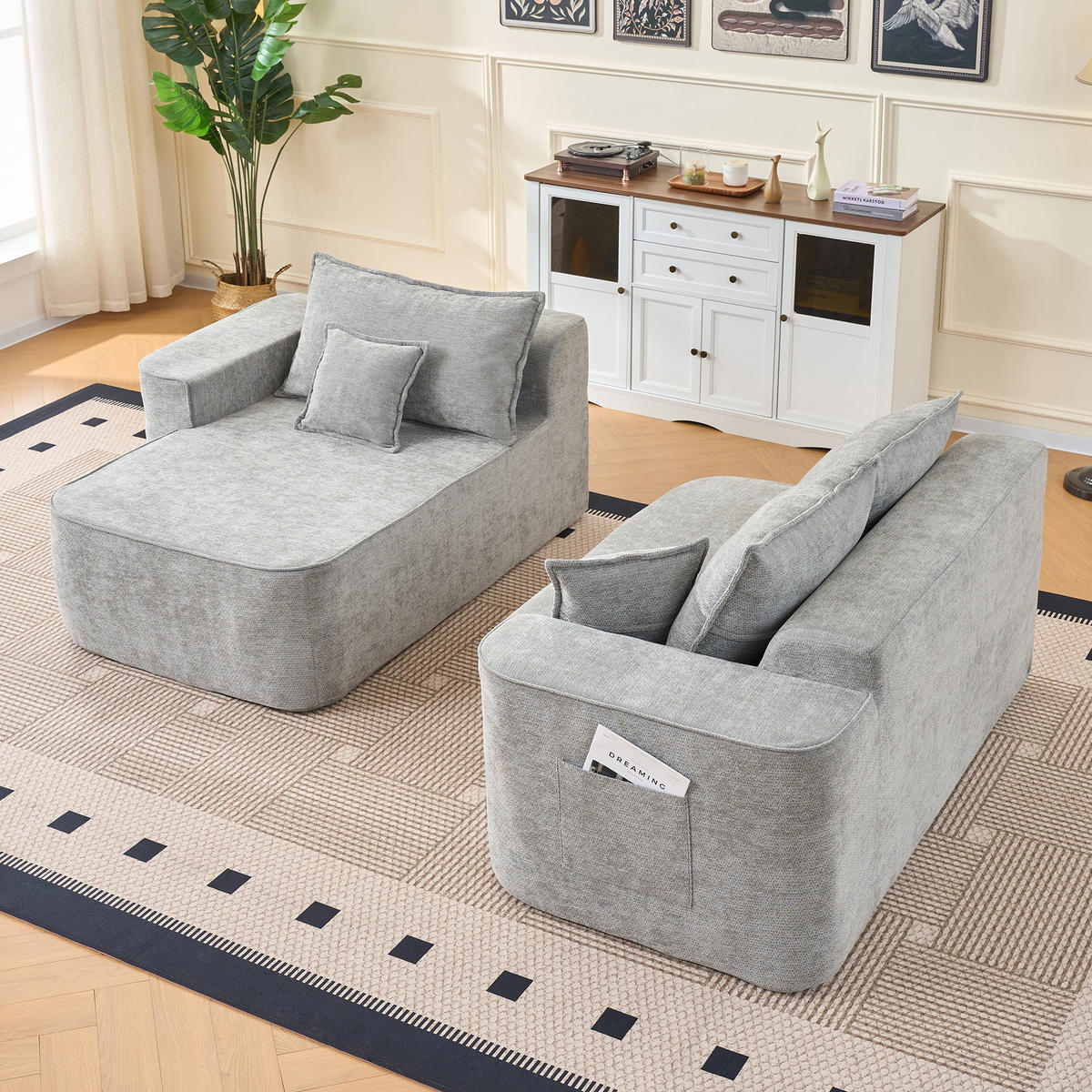 ECKSOFA Chenille Grau mit Seitentaschen - Grau, Holzwerkstoff/Textil (262/144cm) - WISHDOR