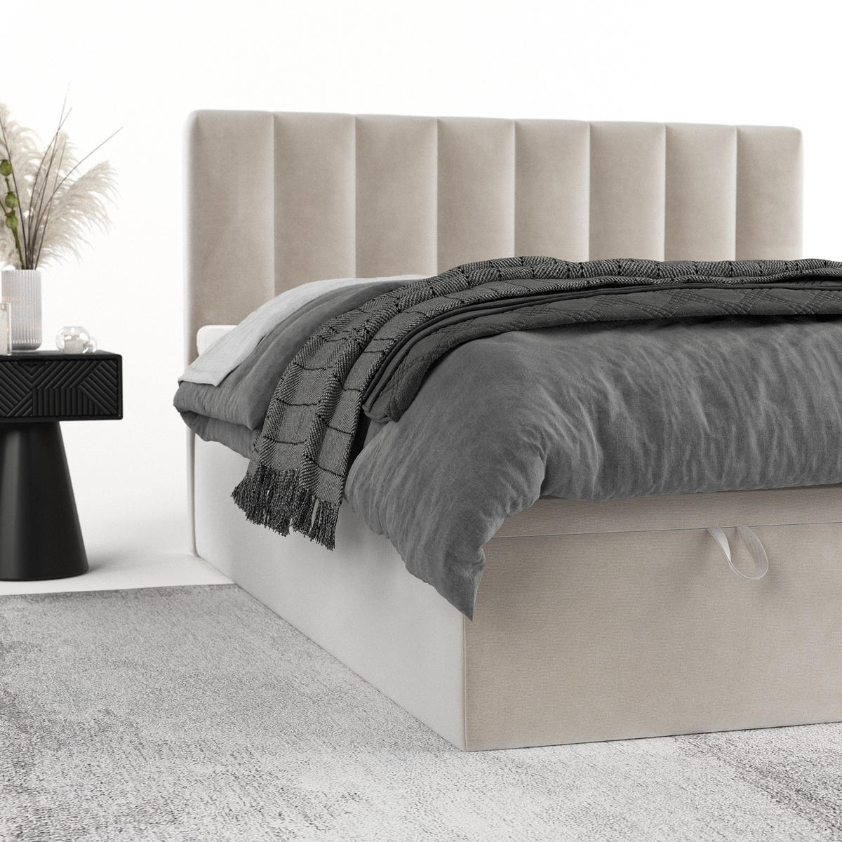 BOXBETT Lume 180/200 cm Hellbeige im Paros Stoff - Beige/Schwarz, Holz/Holzwerkstoff (180/200cm) - AltaBeds