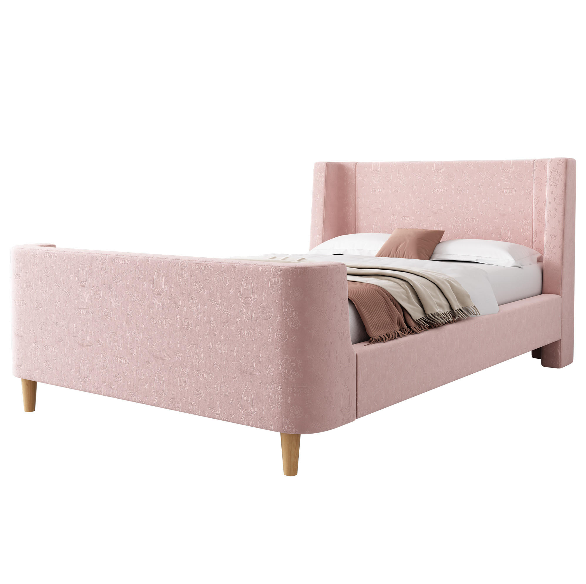 KINDERBETT 90/200 cm in Rosa mit Samtbezug und Weltraummuster - Pink, Textil (90/200cm) - BEAOK