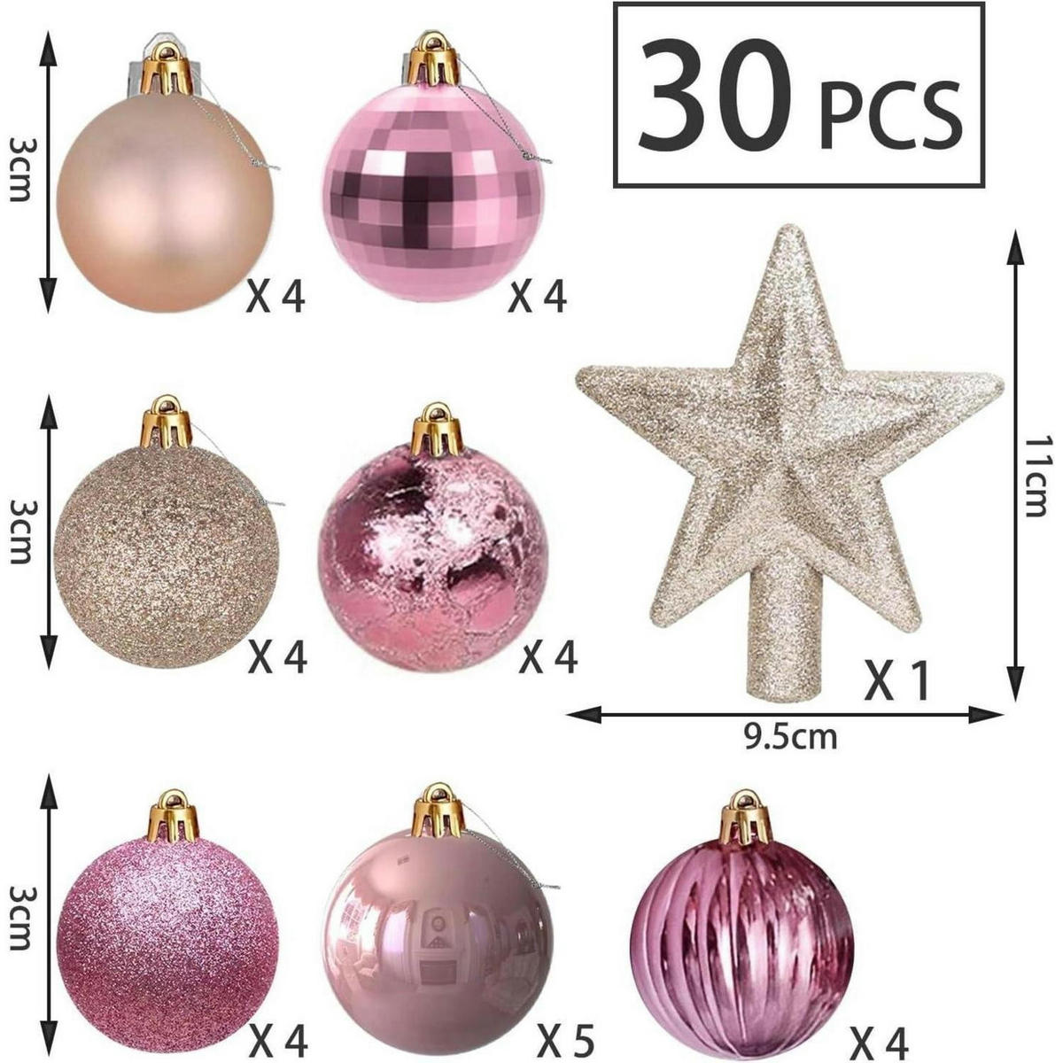 WEIHNACHTSKUGELN 30er Set 3 cm Roségold & Gold mit Stern - Multicolor, Kunststoff (3/3/3cm)