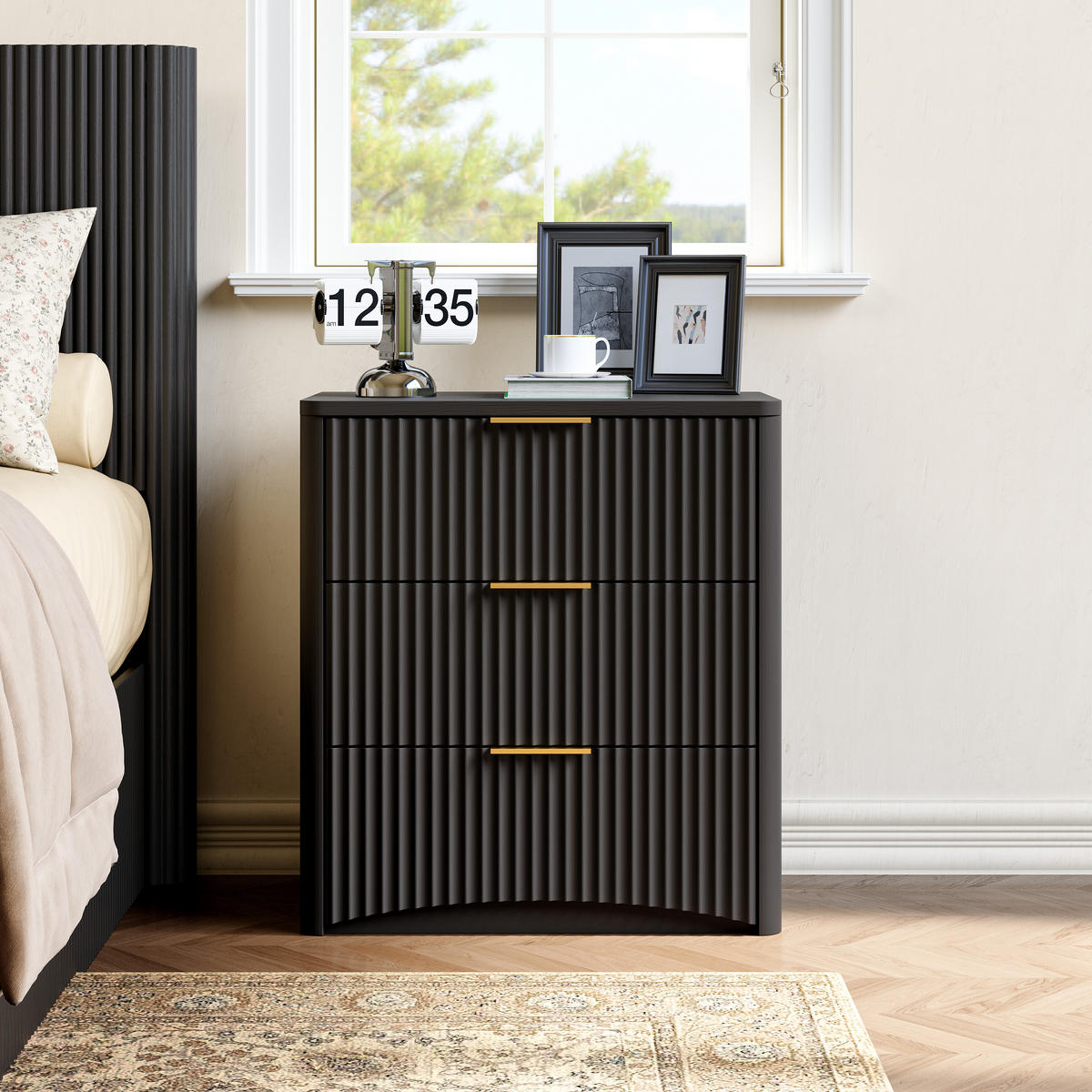 NACHTTISCH 58/38/64 cm Schwarz aus MDF mit 3 Schubladen - Schwarz, Holzwerkstoff (38/64/58cm) - OKWISH