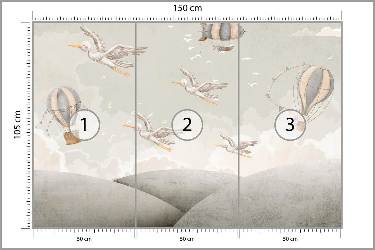 FOTOTAPETE für Kinderzimmer Boho Störche Aquarell Balon Luftschiff Himmel 150x105 - Beige/Weiß, Papier (150/105cm) - Muralo