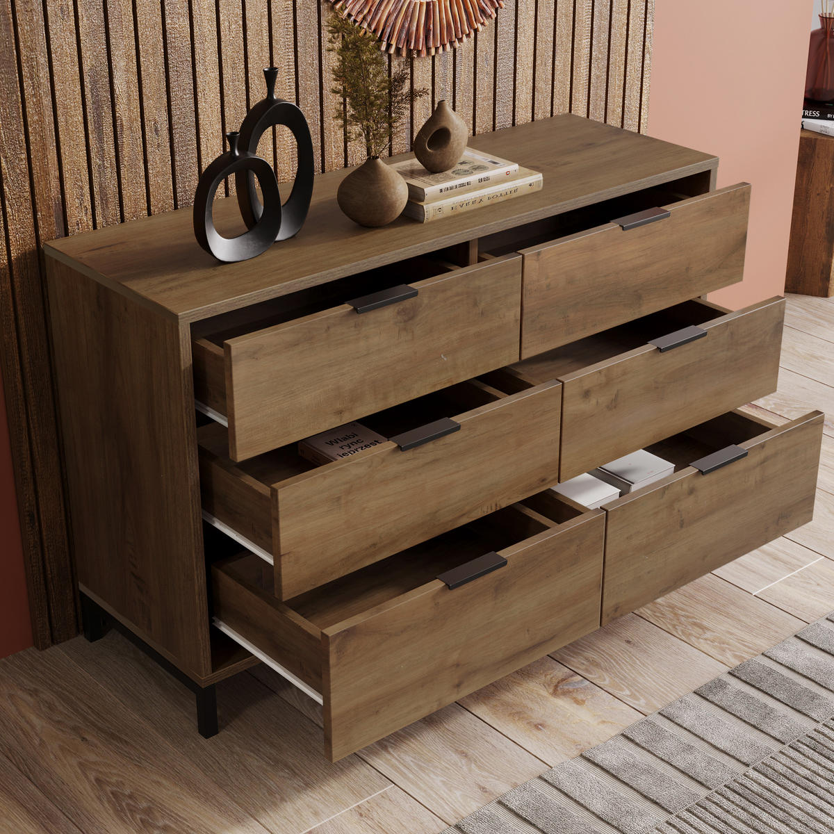KOMMODE in Dunkle Eichefarben Sideboard mit 6 Schubladen für Schlafzimmer und alle Wohnräume, B120/T40/H76 cm - Eichefarben/Schwarz, Holzwerkstoff/Metall (120/76/40cm) - STILVORA