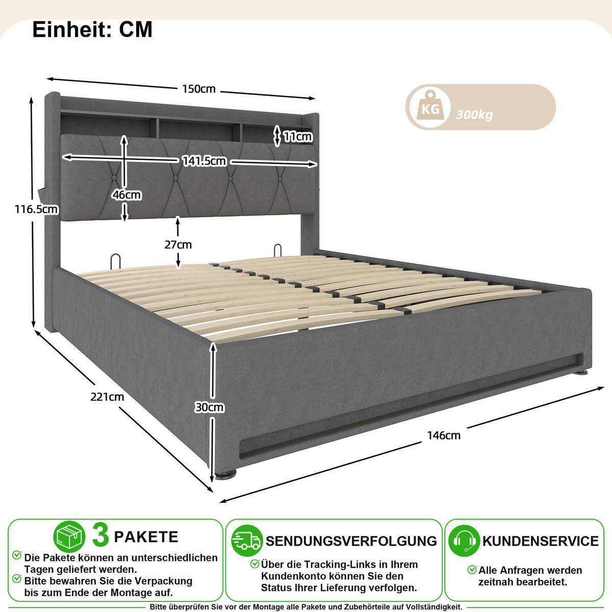 POLSTERBETT 140/200 cm in Dunkelgrau mit Bettkasten, LED, USB und Type-C Samt - Grau, Holzwerkstoff/Textil (140/200cm) - CHICFURN
