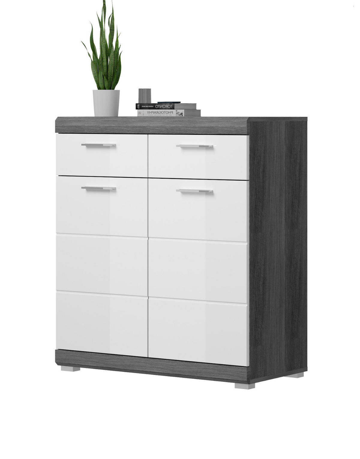 SCHUHSCHRANK weiß Hochglanz, Rauchsilber grau 90 cm, Flur Kommode mit Vollauszug - Chromfarben/Weiß Hochglanz, Holzwerkstoff/Kunststoff (90/96/37cm) - Inn.Furn