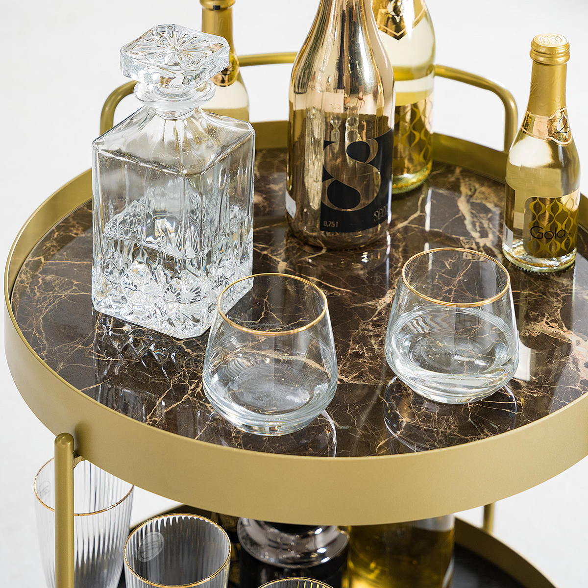 SERVIERWAGEN - Keramik / Stahl - Marmor Braun Dekor / Gold - Eichefarben/Goldfarben, Keramik/Holzwerkstoff (46/63/47cm) - home24