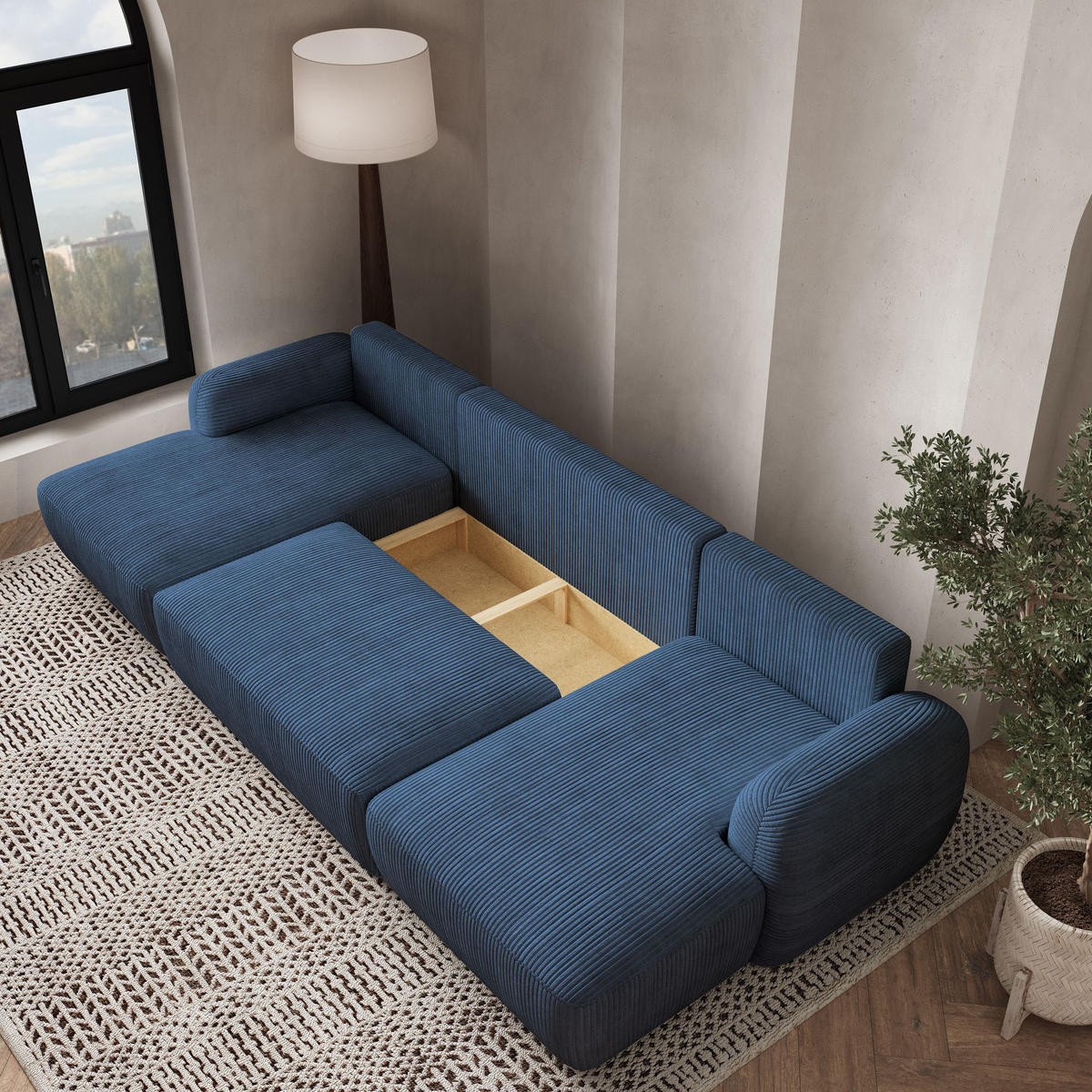 WOHNLANDSCHAFT SAVONA P Blau Kordstoff mit Schlaffunktion - Blau, Holz (320/90/148cm) - MASSENO