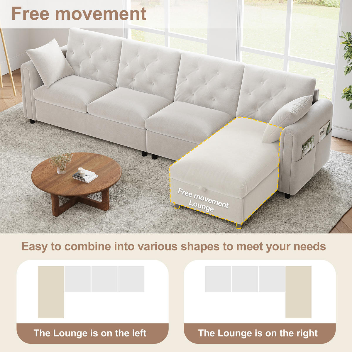 SOFA Beige L-Form Samt Stauraum Armlehne 281cm Knopfheftung - Beige, Textil (132/86/281cm) - FLIEKS