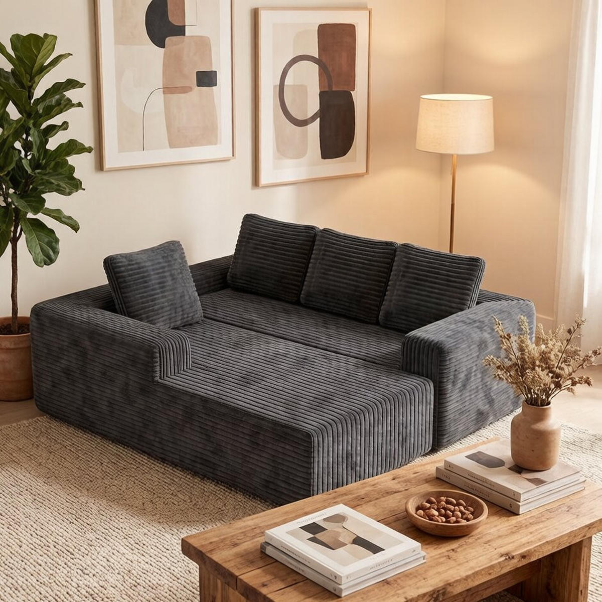 ECKSOFA Cord Grau Ohne Montage - Grau, Textil (261/168cm) - WISHDOR