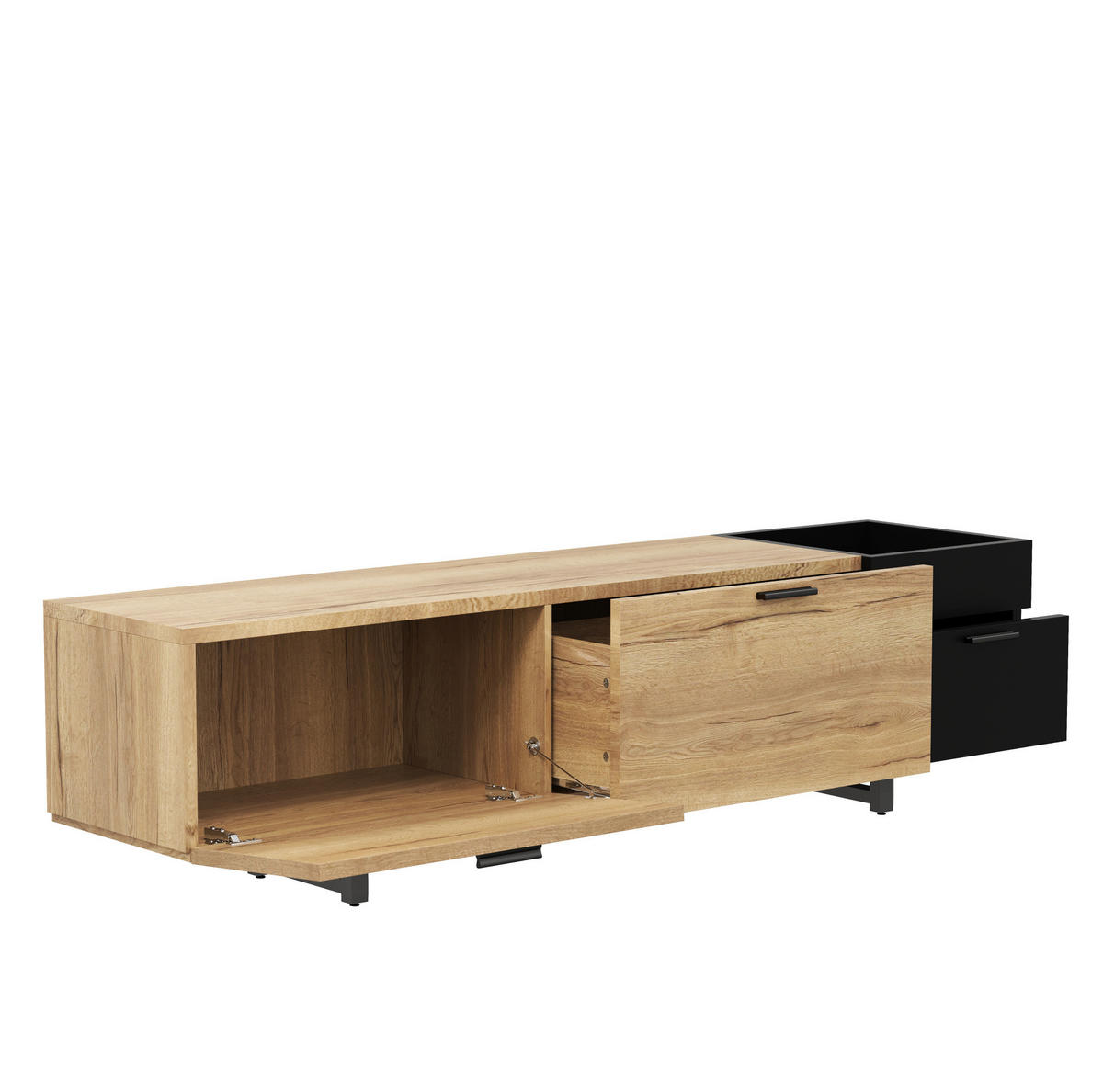 TV-SCHRANK aus Holzwerkstoff 180x38x49 cm Naturholz/Schwarz mit LED-Beleuchtung und Schubladen - Schwarz, Holzwerkstoff (180/49/38cm) - Modfu