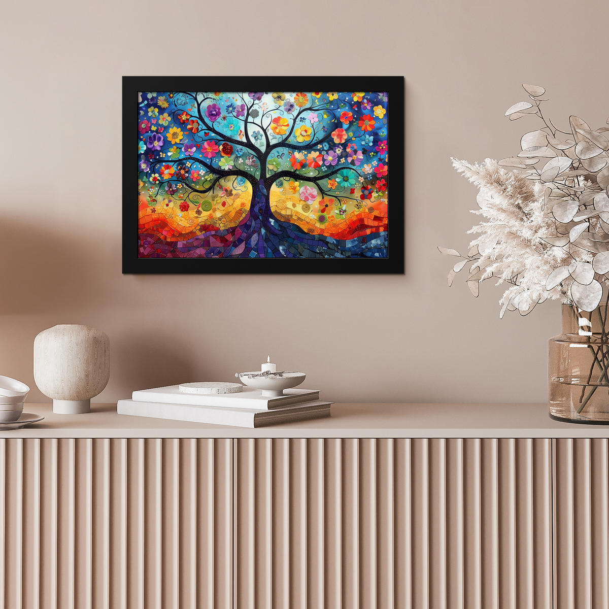 POSTER MIT RAHMEN Kunst - Baum des Lebens - Blumen - Hippie 30x20 cm - Dunkelblau, Papier (30/20cm) - MuchoWow