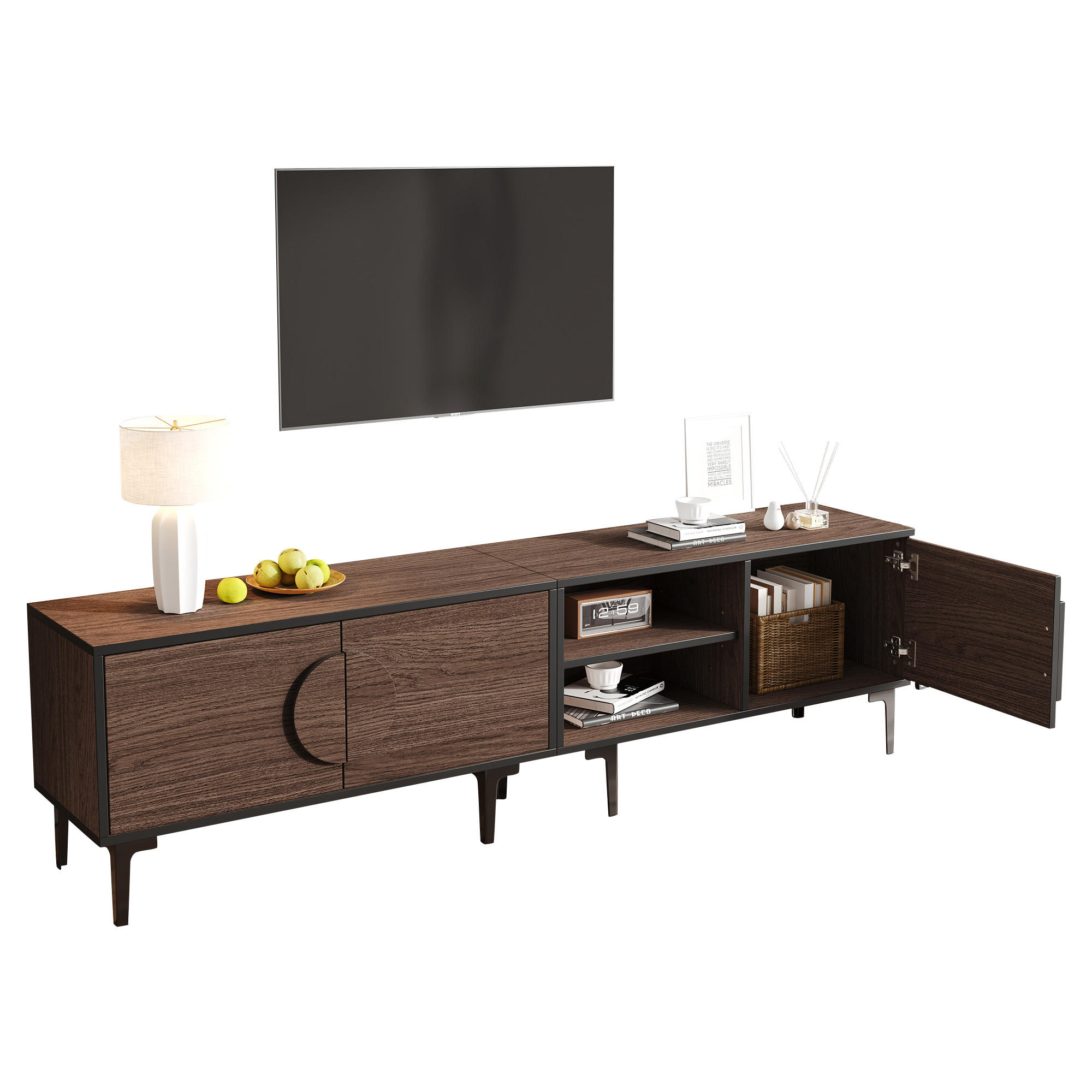 TV-SCHRANK Walnussfarben-Schwarz mit Stauraum & gedämpften Scharnieren 180 × 35 × 49 cm aus Spanplatte - Walnussfarben, Holzwerkstoff (180/49/35cm) - Luhomfu