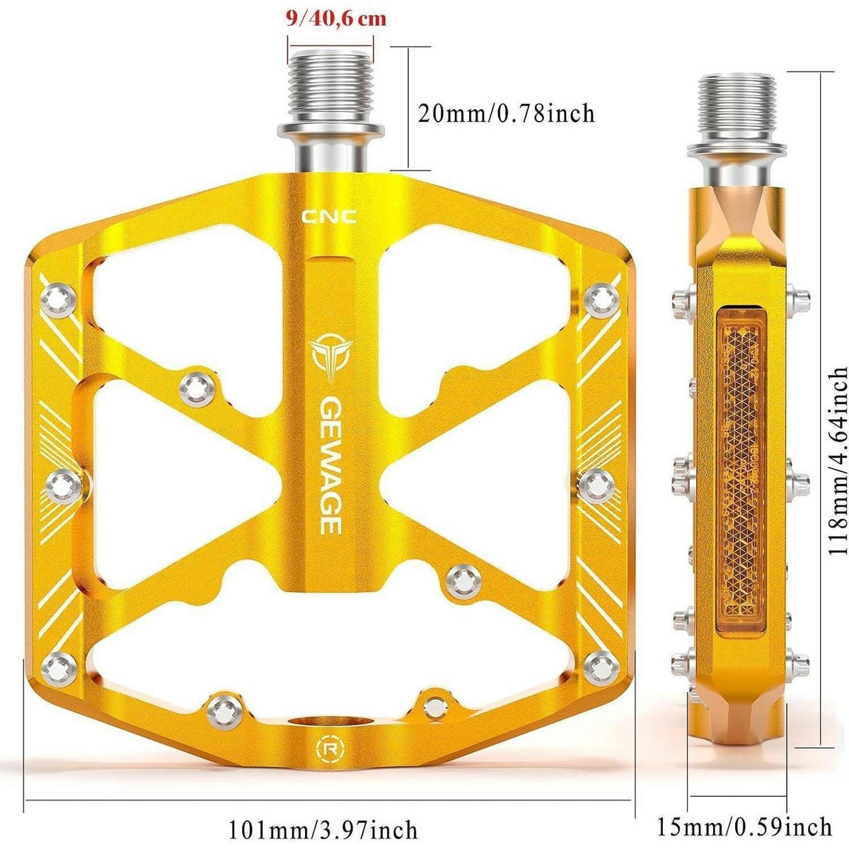 FAHRRADPEDALE Aluminium mit Reflektoren Gold - Goldfarben, Metall (9.8/1.5/10.1cm)