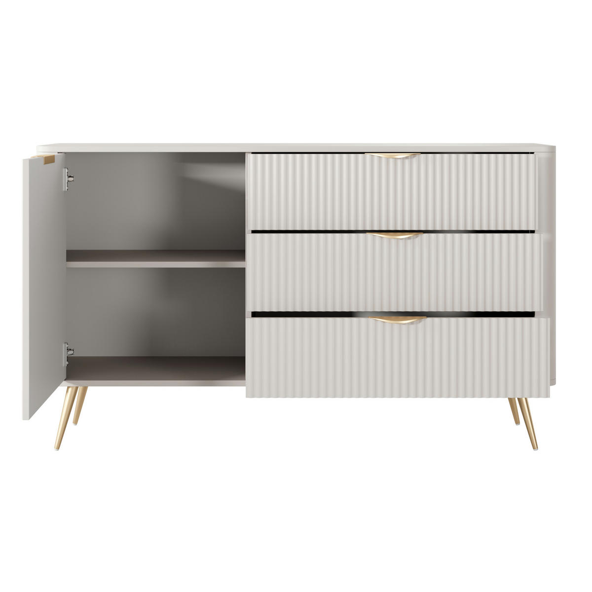 SIDEBOARD LEKNES KOM3 Reliefierte Fronten aus MDF-Platte Beige Beige - Beige, Glas/Holzwerkstoff (138/81/38cm) - Komodee
