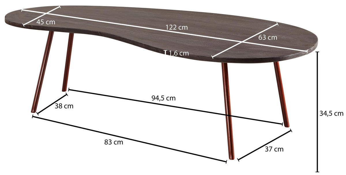 COUCHTISCH Retro-Stil mit Nierenform, Massivholz, Metallbeine, pflegeleichte Tischplatte, Beige 122x63x36 cm - Beige/Braun, Holz/Metall (63/122/36cm) - KADIMA DESIGN