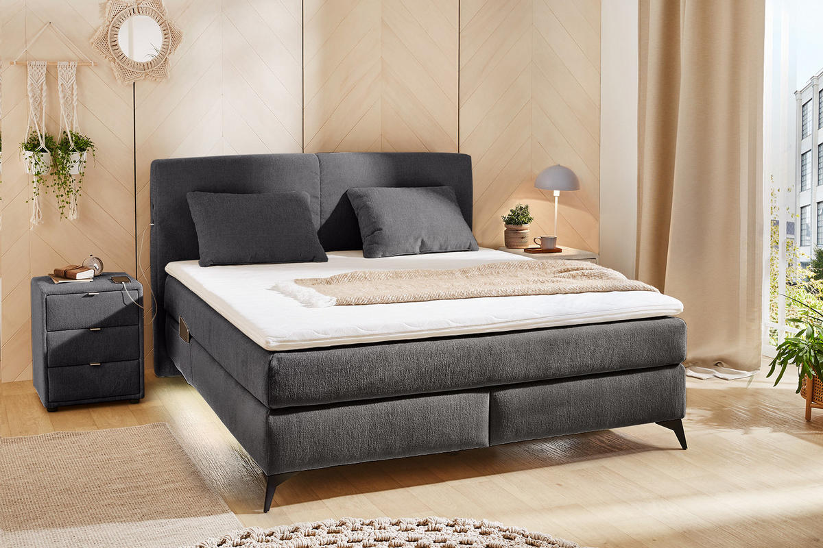 BOXSPRINGBETT 160/200 cm, 7-Zonen-Tonnentaschen-Federkernmatratzen H3, Topper, Bonell-Federkern, Beleuchtung,USB-Ladeports, Chenille Dunkelgrau /20042 - Dunkelgrau/Schwarz, Textil/Metall (160/200cm) - luma-home
