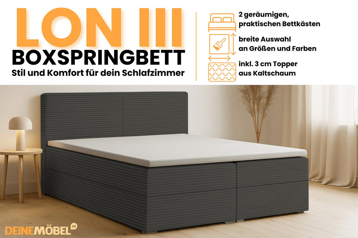BOXBETT LON III 200/200 in Cord Anthrazit H3 - Anthrazit, Holz/Holzwerkstoff (200/200cm) - Deine Möbel 24