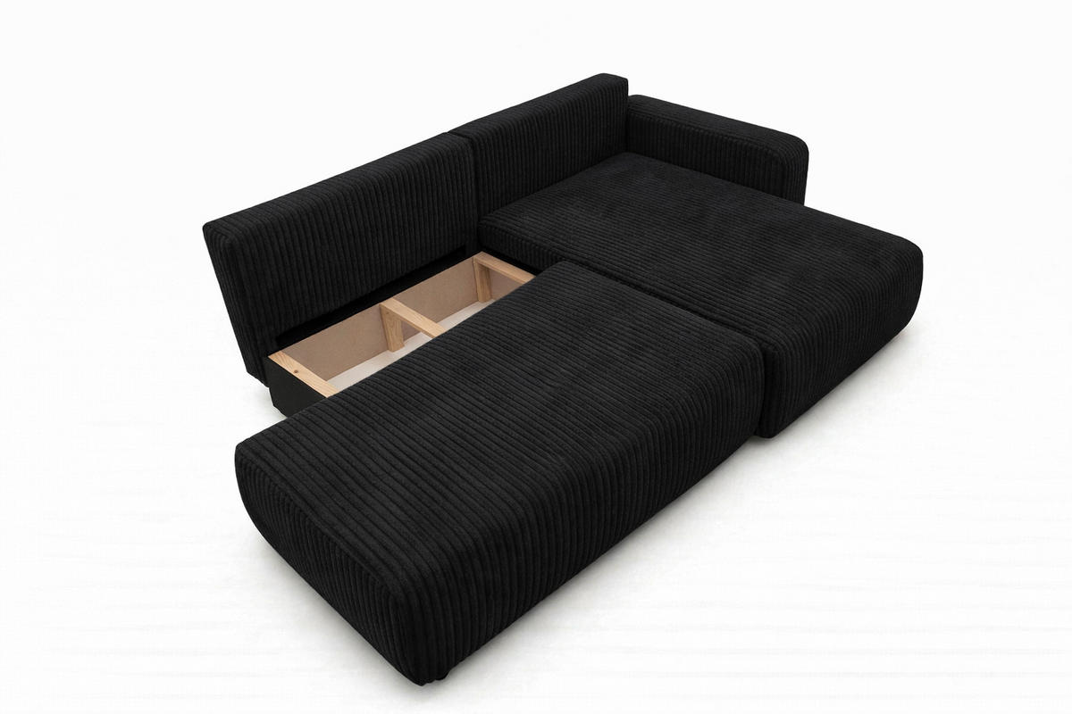 ECKSOFA Mit Schlaffunktion Und Bettkasten, Cordstoff Tilia, Schwarz, Rechts, OPEN XL - Schwarz, Holz (262/145cm) - Kaiser Möbel