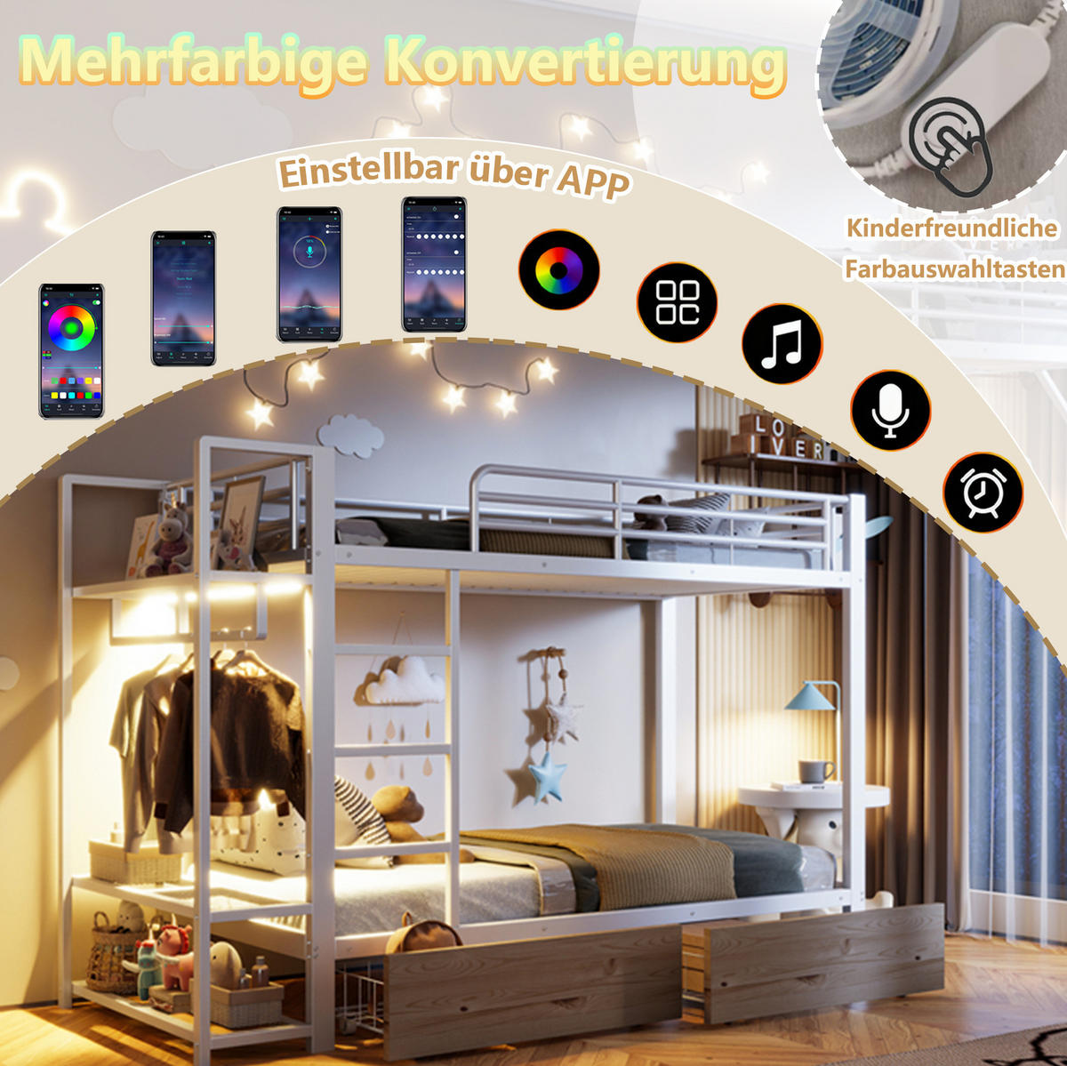 POSCHODOVÁ posteľ, 90/200 cm, kov biela, s LED osvetlením a 2 zásuvkami - biela, kov (90/200cm) - BEAOK