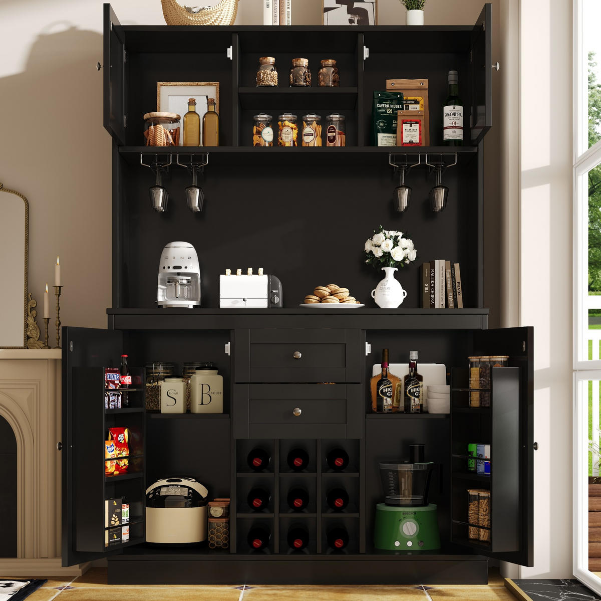 BUFFET 120/40/188 cm aus MDF mit Weinregal und verstellbaren Einlegeböden Schwarz - Schwarz, Holzwerkstoff (120/188/40cm) - Modenvie