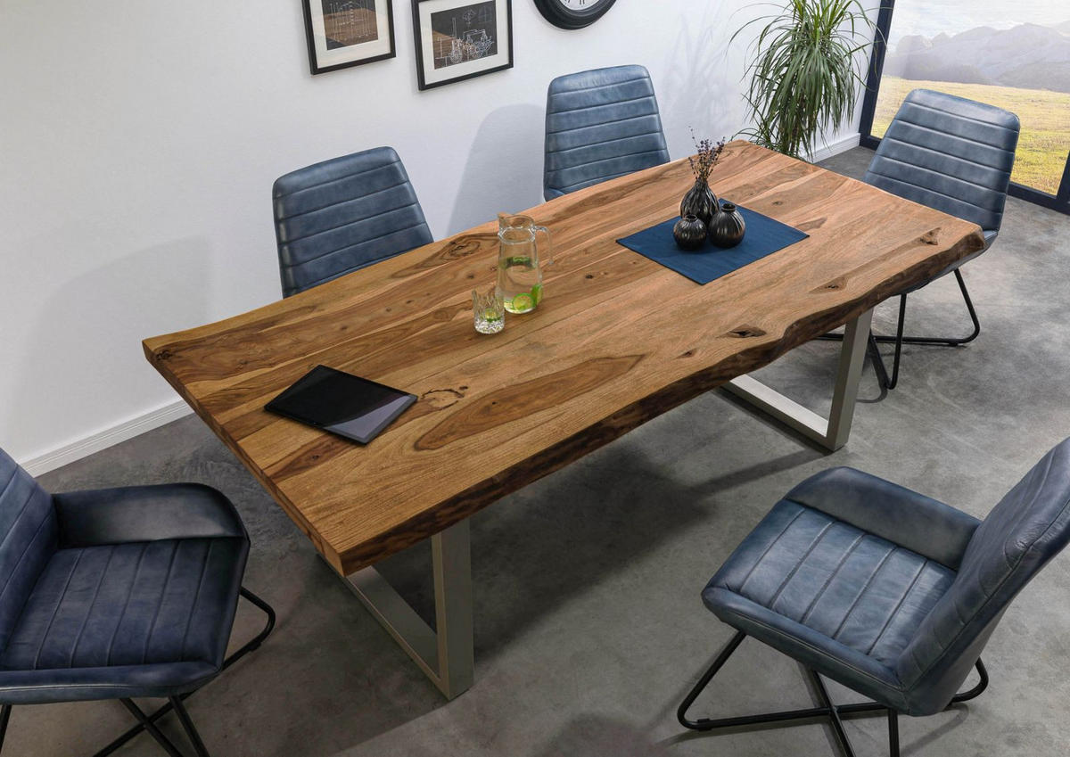 BAUMTISCH Sheesham 200x100x77 natur sandgestrahlt / U-Beine silber matt FREEFORM 5 - Braun, Holz (100/200/77cm) - Massivmoebel24