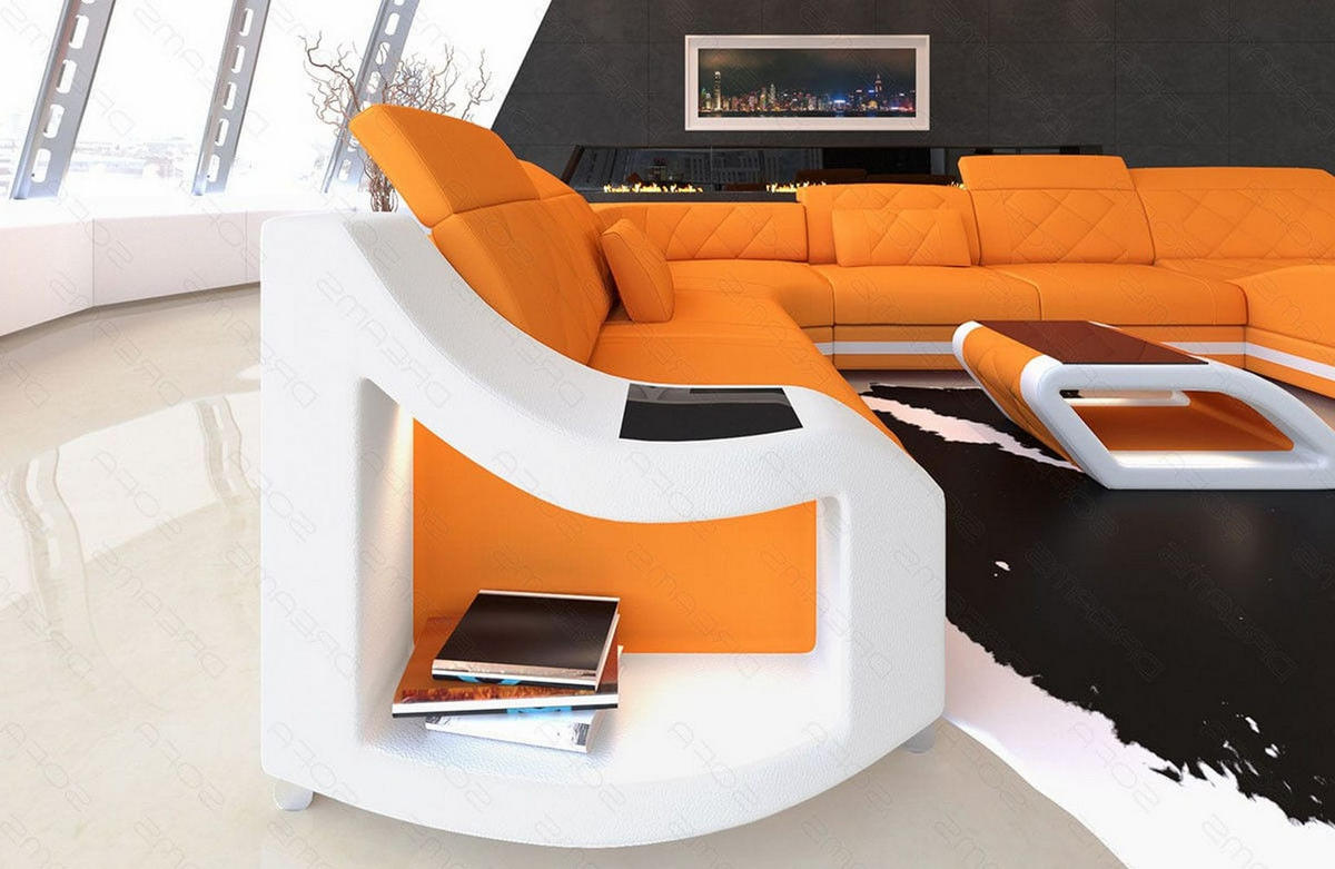 WOHNLANDSCHAFT Stoff Wohnlandschaft Swing Apricot Weiß Mikrofaserstoff - Orange, Kunststoff (404/90/295cm)
