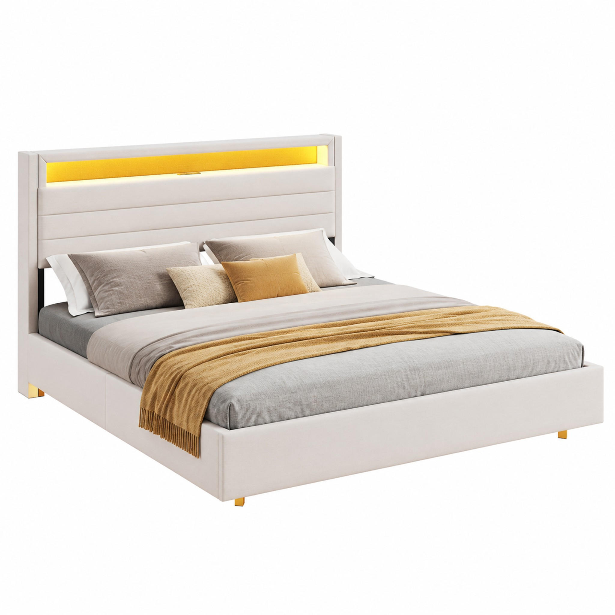 BETT mit Stauraum und LED 160x200 cm Beige - Beige, Metall (160/200cm) - Meubliv