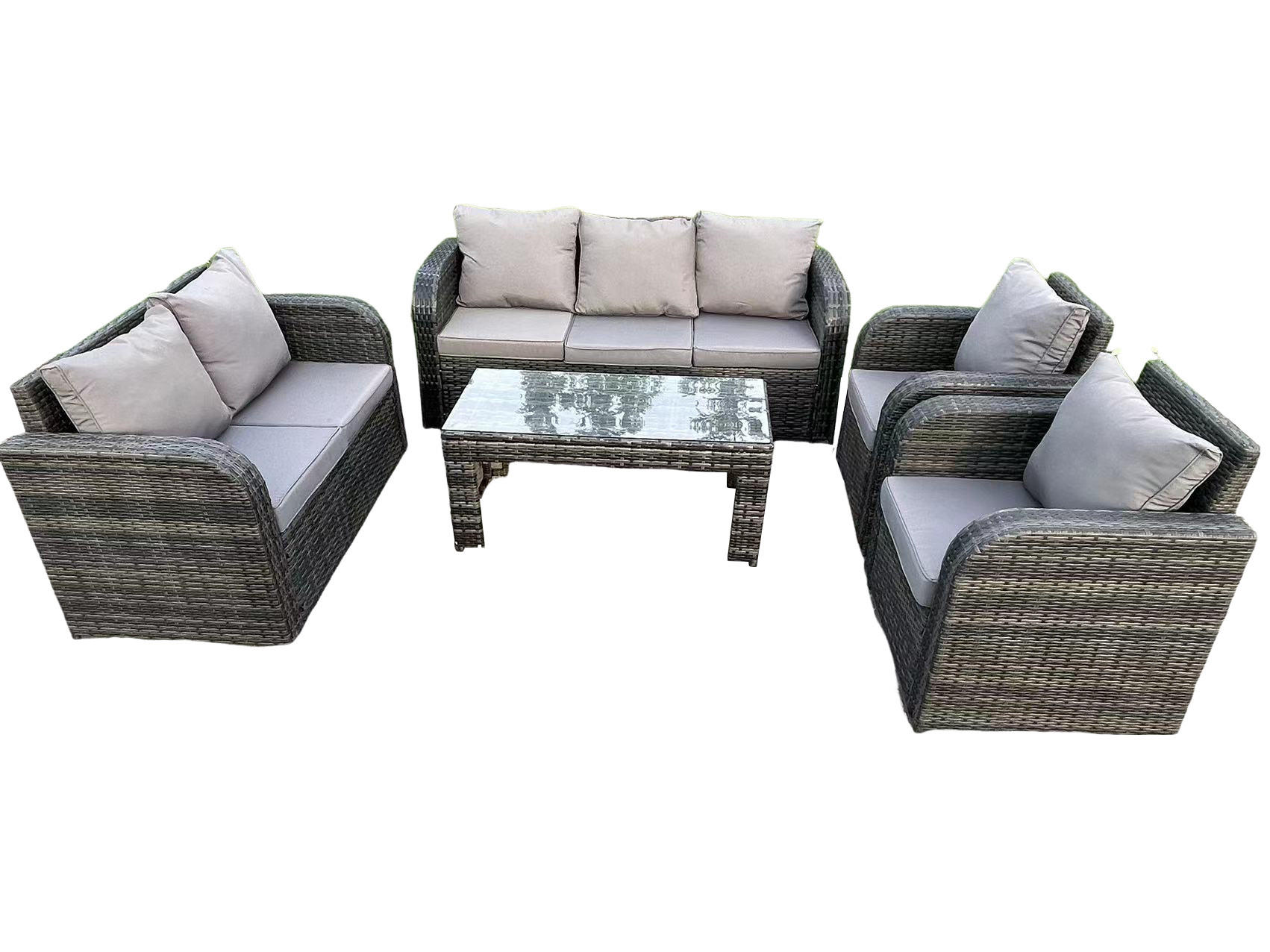 LOUNGESOFA Polyrattan 7-Sitzer - Dunkelgrau/Grau, Glas/Kunststoff - Fimous