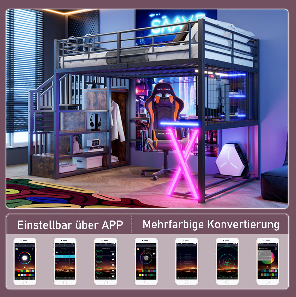 HOCHBETT 140/200 cm Schwarz mit LED-Beleuchtung, Ablageleiter, Schreibtisch, Kleiderschrank und Regalen - Schwarz, Metall (140/200cm) - OKMYHOME