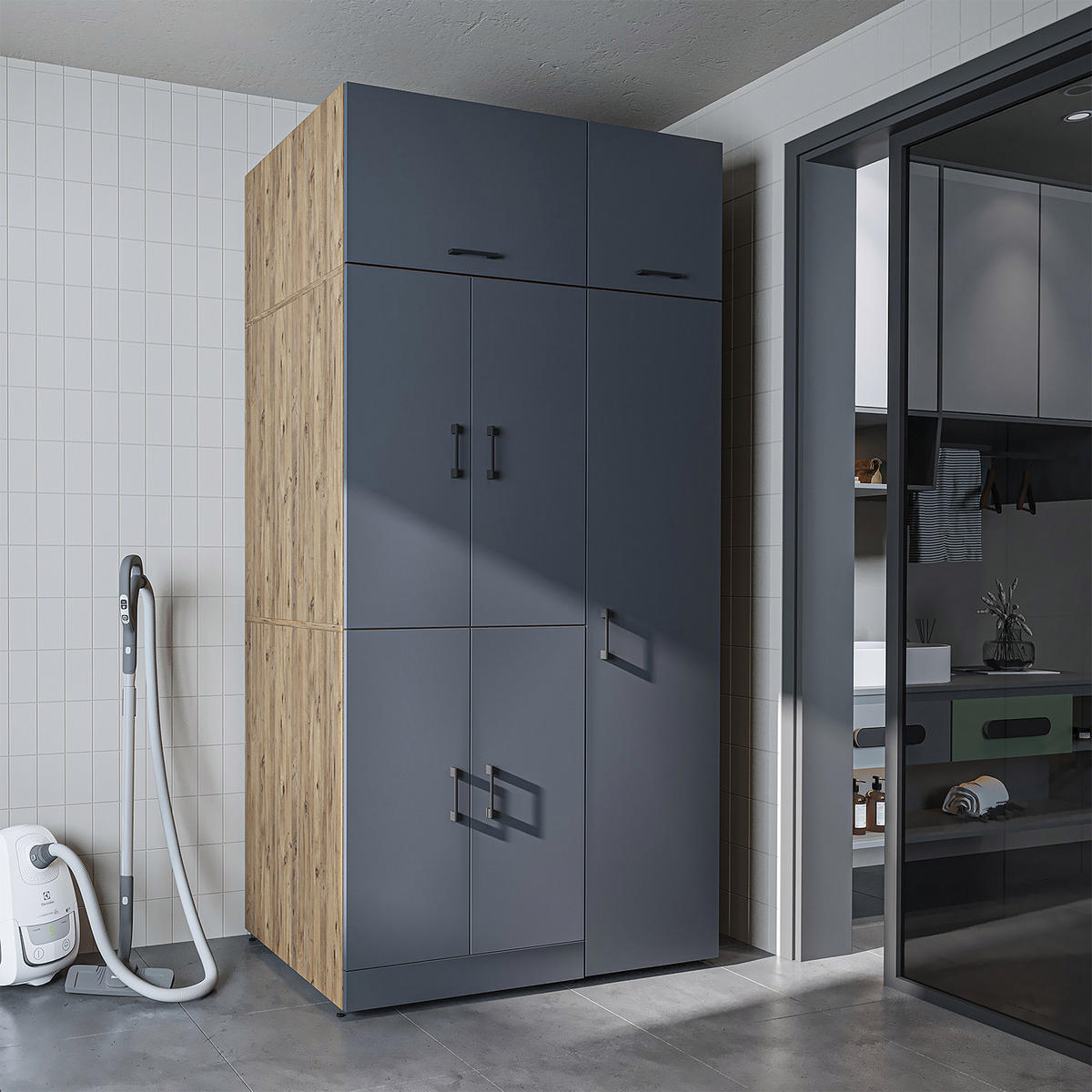 WASCHMASCHINENSCHRANK DORA-II 115cm Breit, 230cm Hoch - Anthrazit, Holzwerkstoff (115/230/73.8cm)