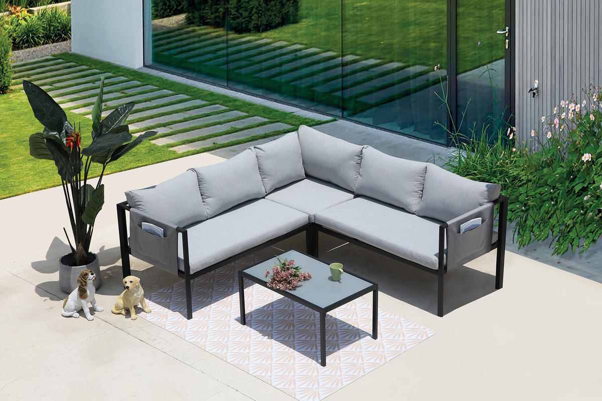 SITZGRUPPE Yolo 1 Ecksofa, 1 Couchtisch, Sitz- + Rückenkissen - Schwarz, Metall - TPFGarden