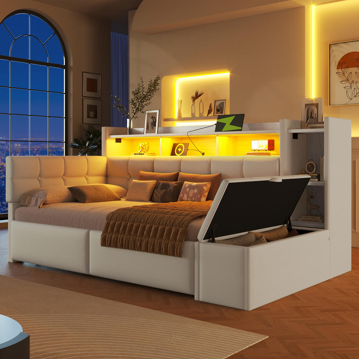 TAGEBETT 90x190cm Weiß Samt 2 Schubladen USB LED-Licht - Weiß, Holz (90/190cm) - FLIEKS