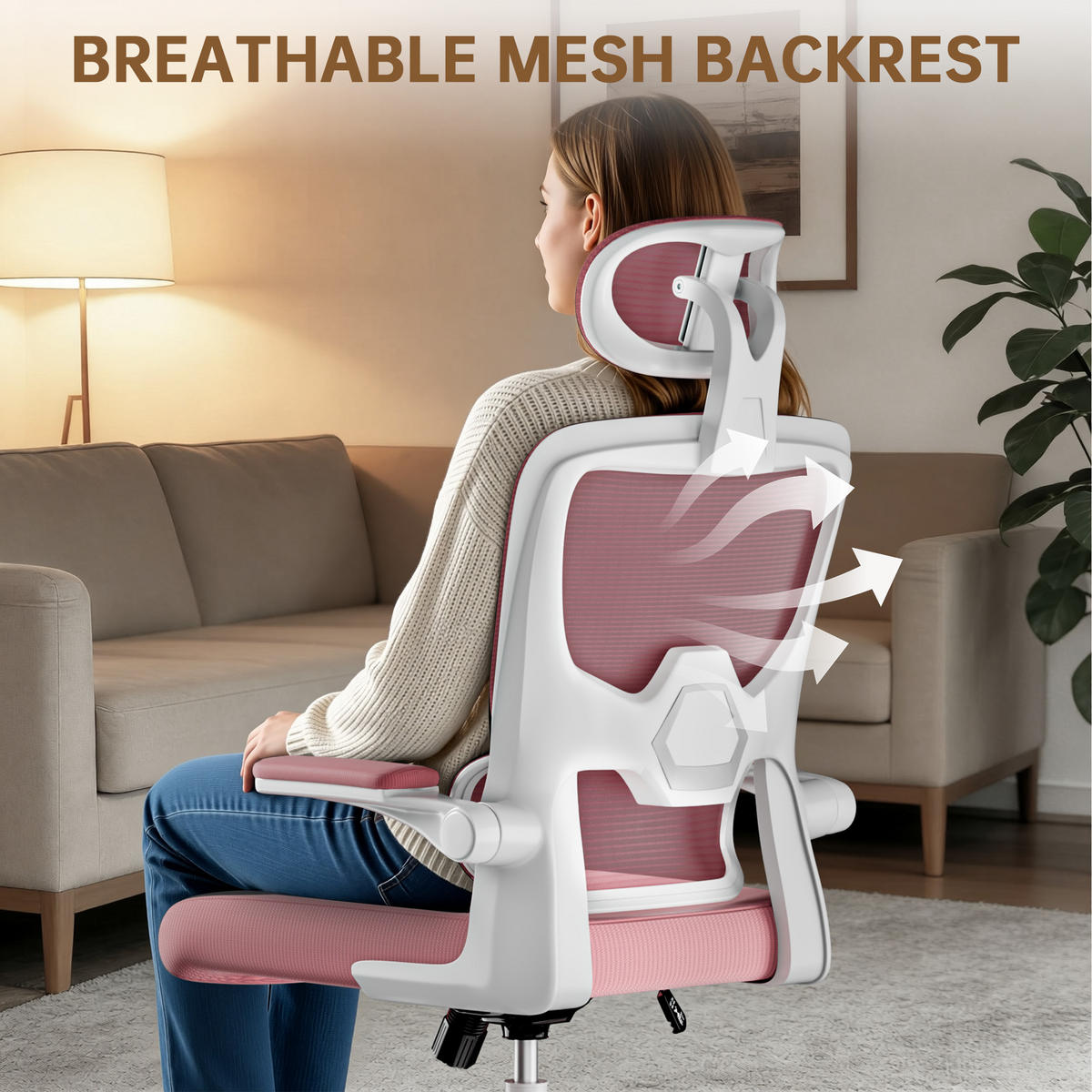 BÜROSTUHL Weiß-Pink ergonomisch mit klappbaren Armlehnen - Pink, Metall (25/52.5/65cm) - Rattrix