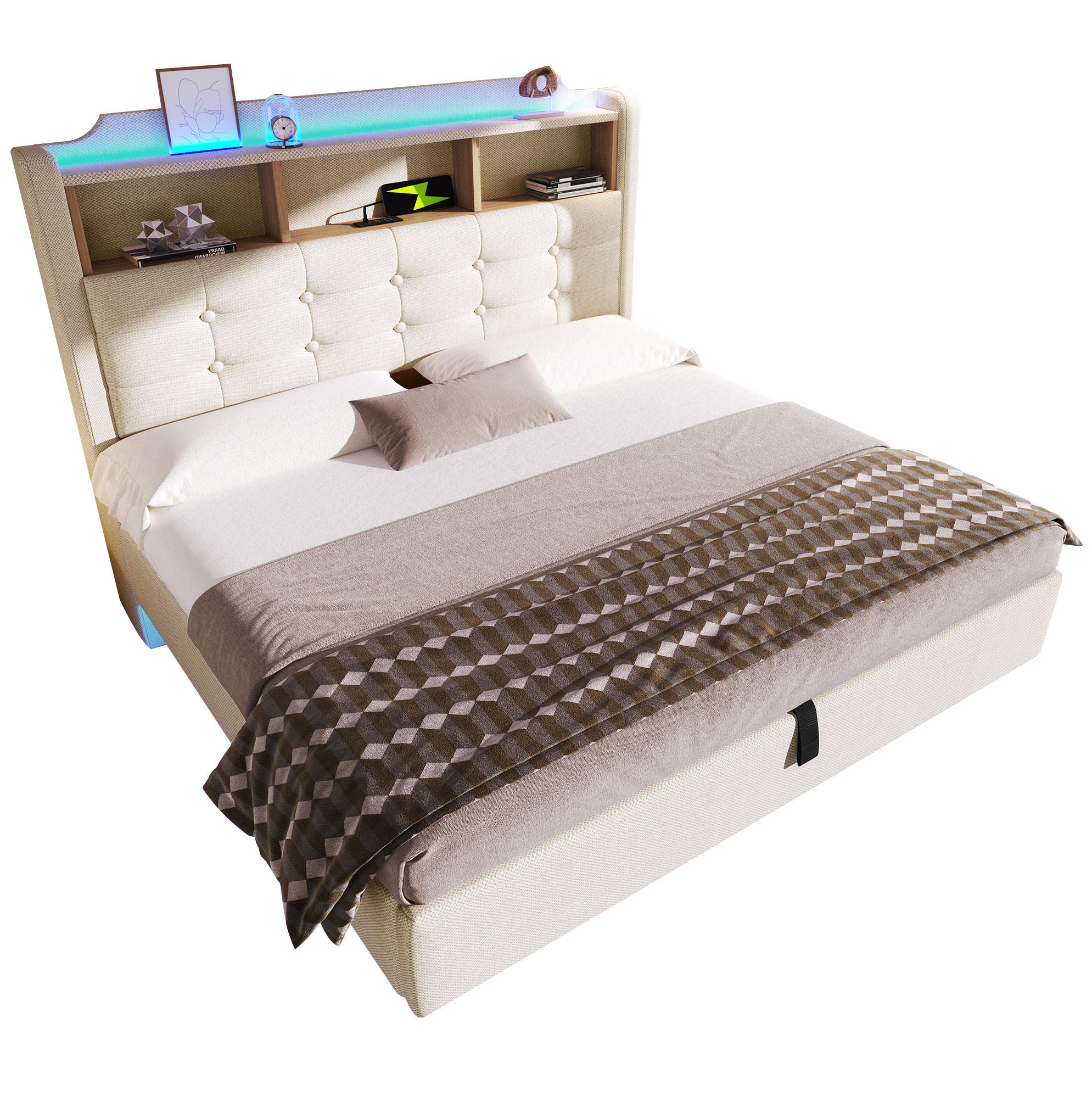 OKWISH ČALOUNĚNÁ postel 140/200 cm béžová ze lnu a MDF s LED osvětlením a úložným prostorem