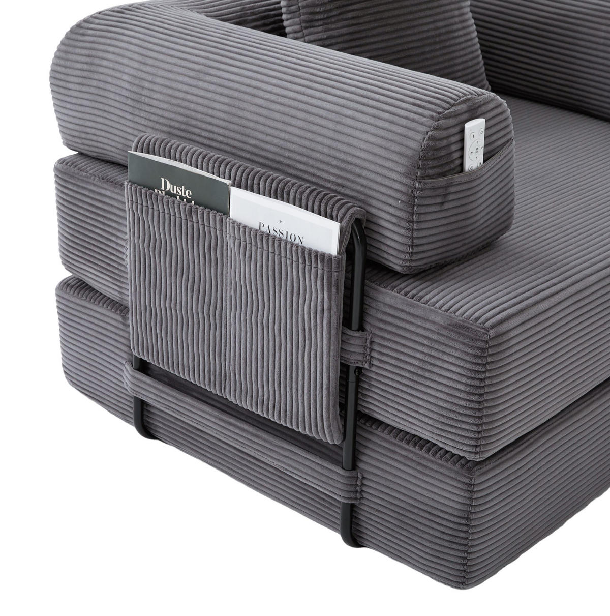 SESSEL aus Cord 112x190x67 cm Dunkelgrau mit Hocker, Seitentasche und Kissen, modular und montagefrei - Dunkelgrau, Textil (112/67/190cm) - Modfu