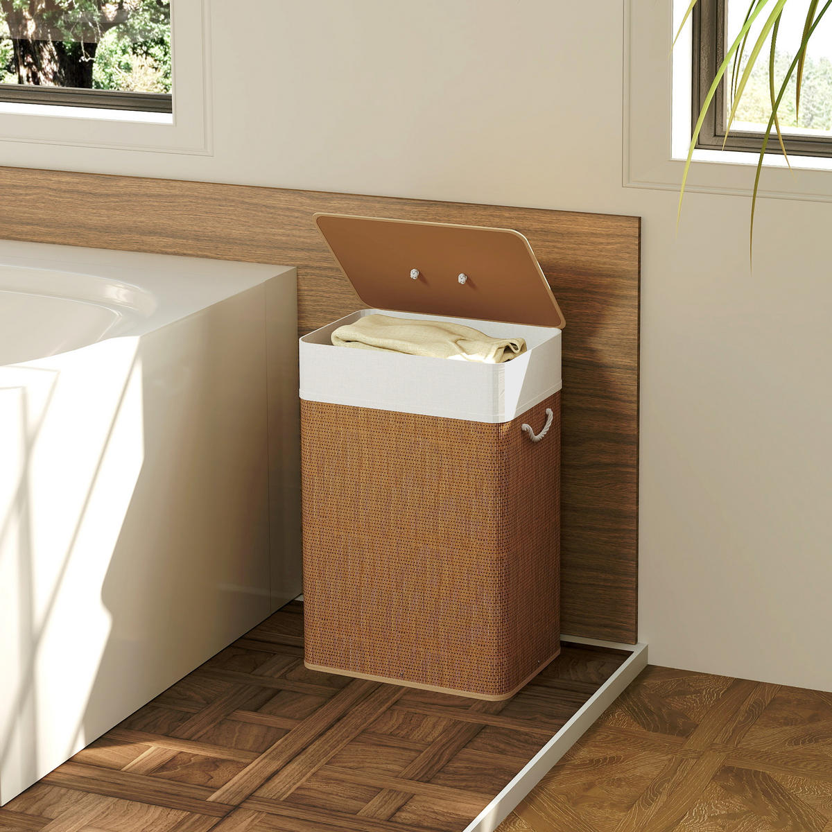 BAMBUS Wäschekorb mit Deckel 72 L Wäschesammler mit Seilgriffen Braun - Braun, Naturmaterialien (30/60/40cm) - HOMCOM