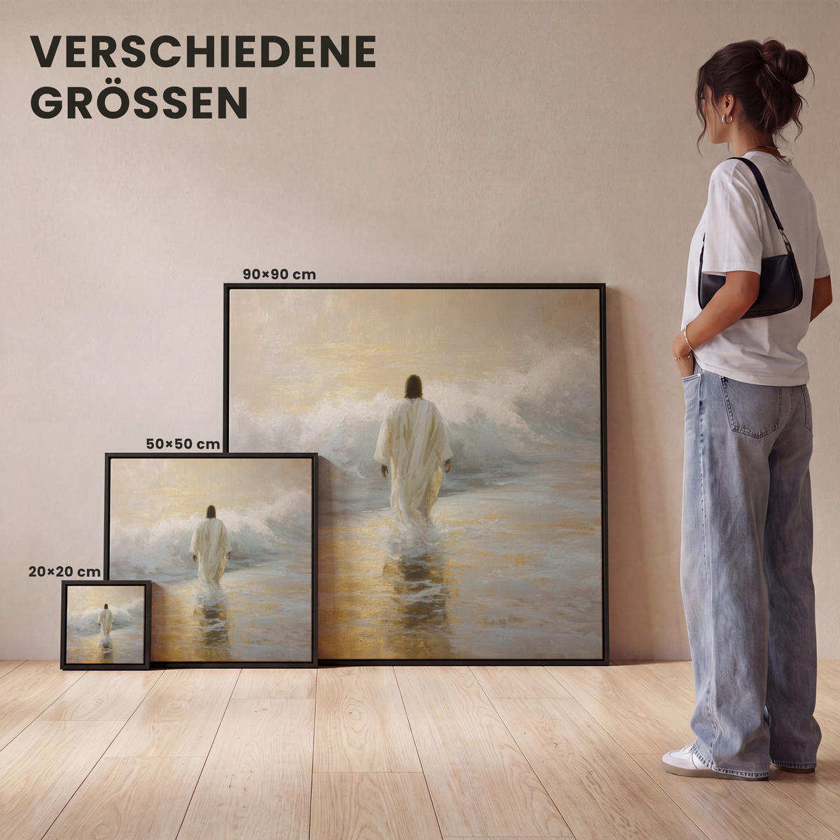 LEINWAND Bilder mit Rahmen - Gemälde - Welle - Jesus - Abstrakt - 20x20 - Goldfarben, Textil (20/20cm) - MuchoWow