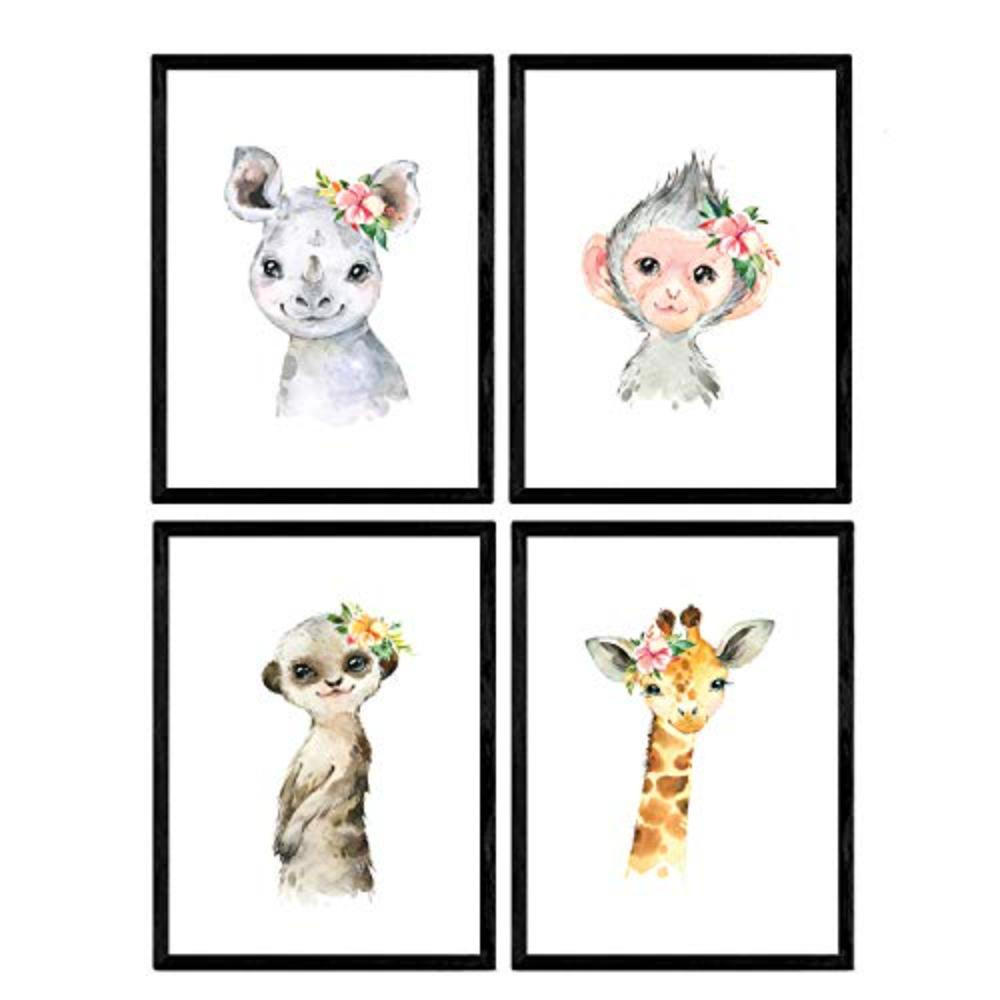 POSTER Set mit 4 Girafa Affe Nashorn und Erdmännchen A4 Schwarzer Rahmen - Schwarz, Papier (29.7/3cm) - Nacnic