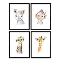 POSTER Set mit 4 Girafa Affe Nashorn und Erdmännchen A4 Schwarzer Rahmen - Schwarz, Papier (29.7/3cm) - Nacnic