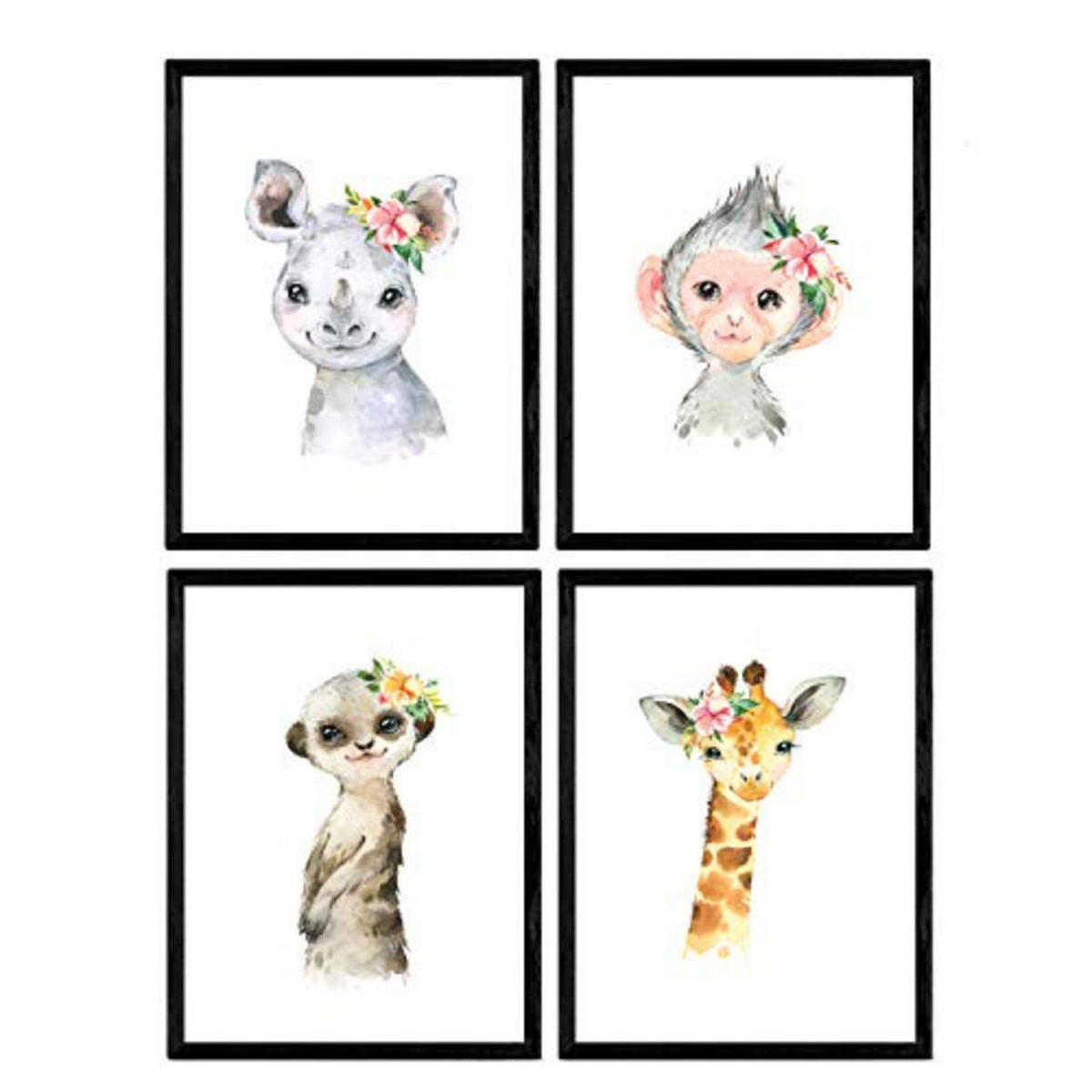 POSTER Set mit 4 Girafa Affe Nashorn und Erdmännchen A4 Schwarzer Rahmen - Schwarz, Papier (29.7/3cm) - Nacnic