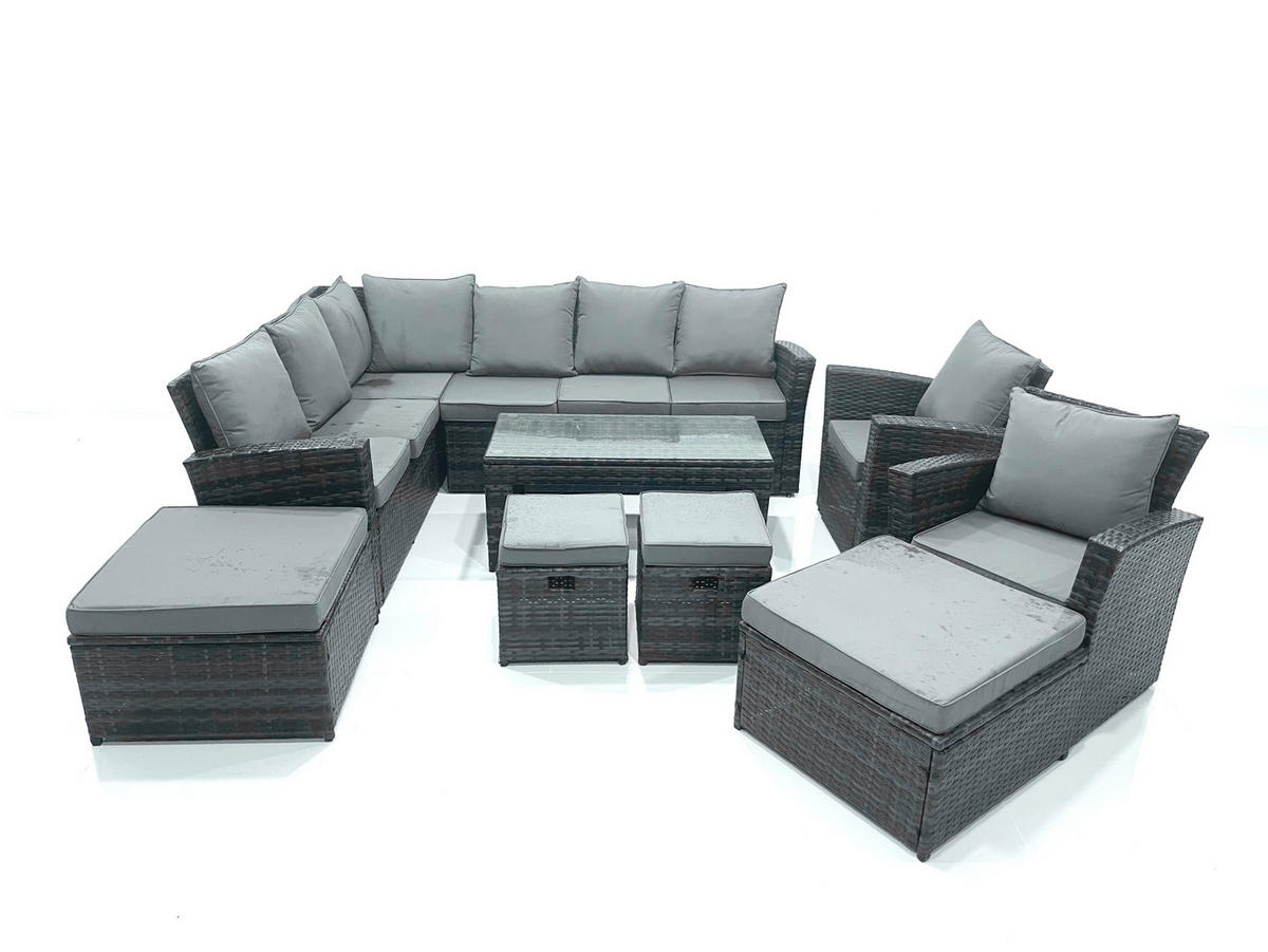 BALKONMÖBEL-SETS mit Ecksofa,Länglicher Couchtisch,4 Hocker,2 Sesseln Polyrattan Dunkelgrau 12-Sitzer - Dunkelgrau/Grau, Glas/Kunststoff - Fimous