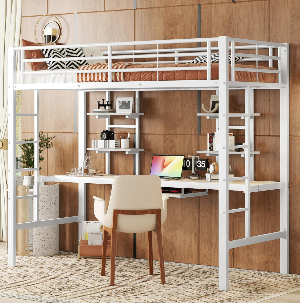 HOCHBETT 90/200 cm mit Schreibtisch, 2 Regalen und Metallrahmen, Weiß - Weiß, Metall (90/200cm) - Redom
