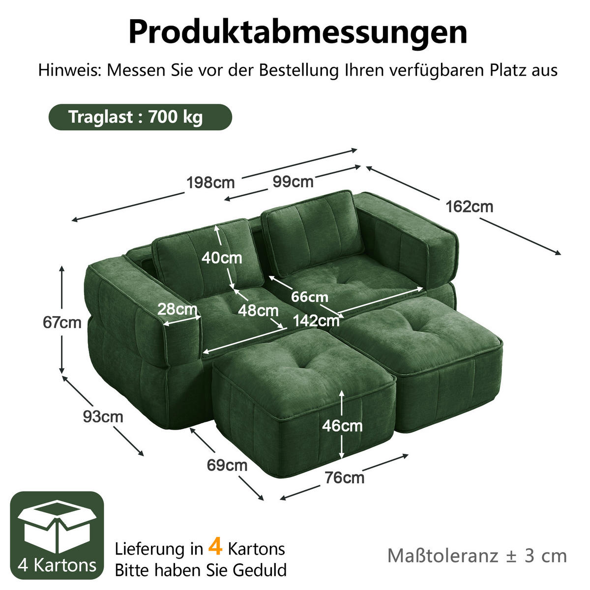 SOFA 198/162/67 cm in Grün aus Polyester mit modularer Flexibilität - Grün, Kunststoff (162/67/198cm) - Flora Grace