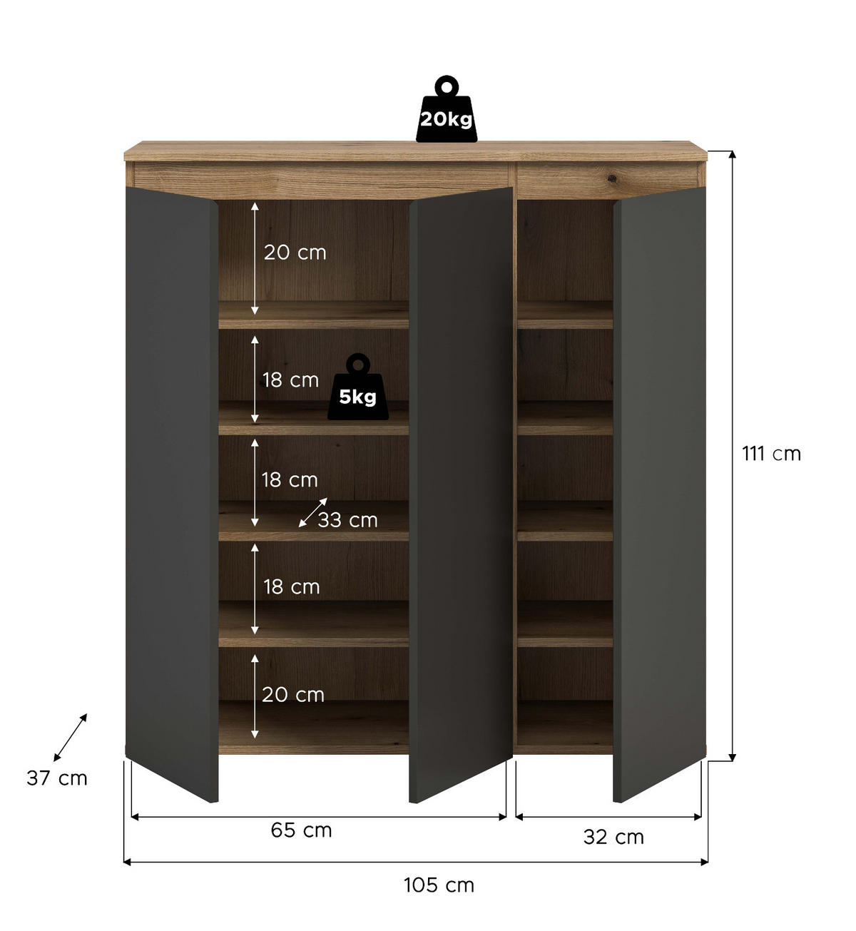 KOMMODE grau, Evoke Eiche 105 x 11 cm, Anrichte mit 10 Fächern - Eichefarben/Schwarz, Holzwerkstoff/Kunststoff (105/111/37cm) - Inn.Furn